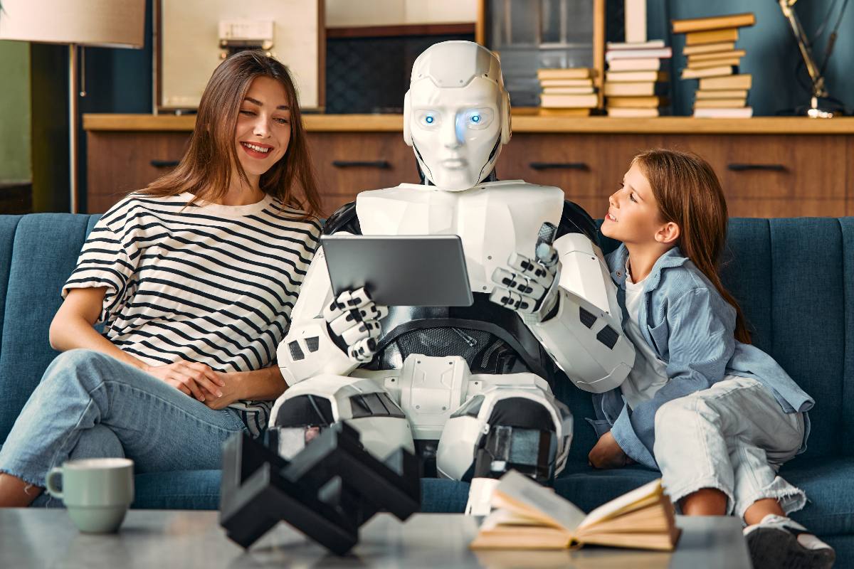A woman and a child looking at a tablet held by a humanoid robot