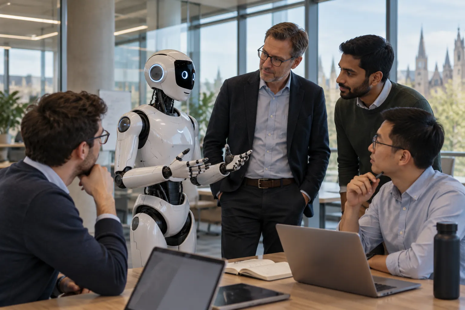 A humanoid robot seated at a table with a team of researchers discussing their work