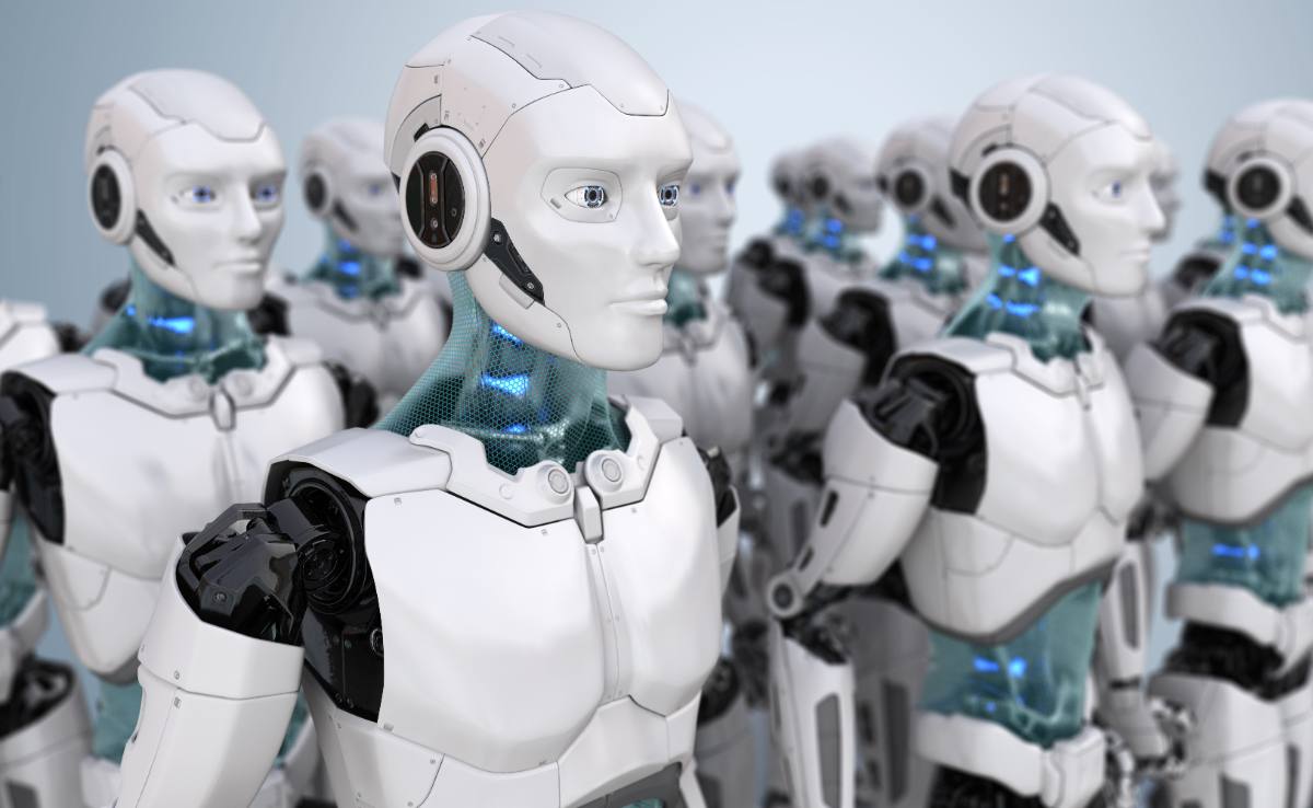 A row of identical humanoid robots