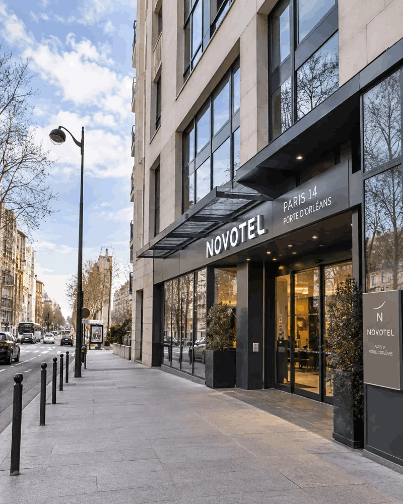 The entrance of the Novotel Paris 14 Porte d'Orléans on Boulevard Romain Rolland